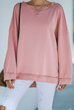 Pink Frayed Trim Side Slit Loose Sweatshirt