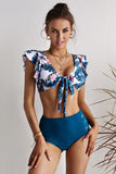 Floral Print Front Tie High Waist Bikini Swimsuit with Ruffles