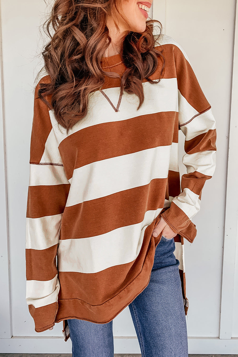 Striped Drop Shoulder Pullover Sweatshirt