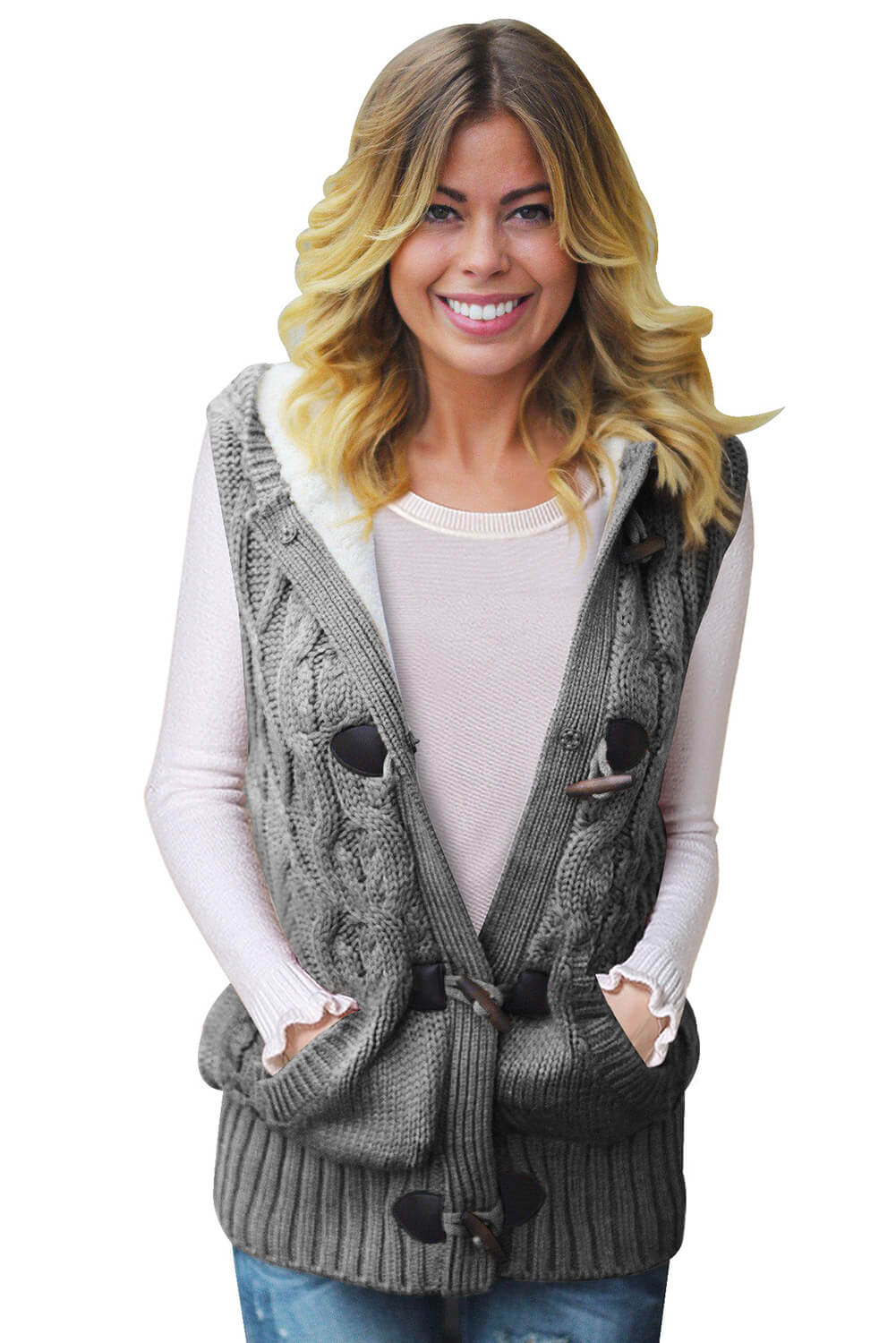 Khaki Cable Knit Hooded Sweater Vest