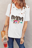 Leopard-MAMA & Flower Printed Hollowed Short Sleeves T-Shirt