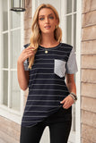 Striped Short Sleeve Contrast Color T-Shirt with Pocket