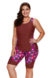 Burgundy Floral Insert Tankini and Short Sports Suit