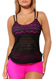 Color Block Lace Drawstring Tie Tankini Set