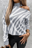 Zebra Print Mock Neck Cold Shoulder Sweater