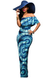 Turquoise Roses Print Off-the-shoulder Maxi Dress