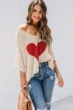 Beige V-neck Dropped Sleeve Heart Print Slouchy Top