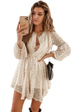 Beige Swiss Dot Buttoned Drawstring Long Puff Sleeve Shirt Dress