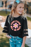 Little Girl Sunflower Print Mesh Bell Sleeve Top