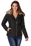 Camel Faux Fur Collar Trim Black Quilted Jacket