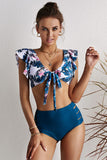 Floral Print Front Tie High Waist Bikini Swimsuit with Ruffles