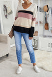 Khaki Colorblock V Neck Ribbed Knitted Sweater