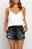 Elastic Waist Distressed Raw Hem Denim Shorts