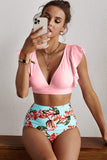 Floral Ruffled Hem High Waist Bikini Set