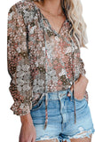 Printed Long Sleeve V-Neck Drawstring Shirt