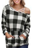 Plaid Kangaroo Pocket Long Sleeve Blouse
