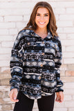 Blue Tribal Print Pocket Buttoned Sherpa Jacket