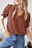 Short Puff Sleeves V Neck Leopard Print Top