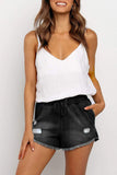Elastic Waist Distressed Raw Hem Denim Shorts