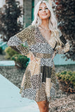 Leopard Color Block Surplice V Neck Mini Dress