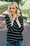 Striped Long Sleeve Top with Lace Button Detail