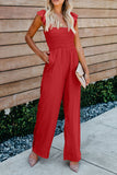 Red Flutter Sleeve Smocked Wide Leg Jumpsuit