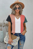 Multicolor Colorblock V Neck Short Sleeve Top