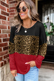 Burgundy Colorblock Leopard Patchwork Long Sleeve Top