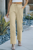 Khaki Drawstring Elastic Waist Pockets Long Straight Legs Pants