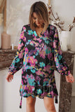 Abstract Print Ruffled Drawstring High Waist Mini Dress