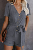 V Neck Short Sleeve Buttons Belted Romper with Pockets