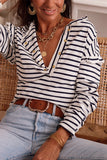 White Striped Print Ruffled Buttoned Long Sleeve Top