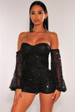 Sequins Off-The-Shoulder Long-Sleeve Padded Mini Romper