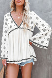 V Neck Embroidered Flare Sleeve Pleated Hem Top