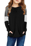 Striped Colorblock Long Sleeve Girls Blouse with Pocket