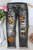 Spooky Pumpkin Graphic Contrast Distressed Jeans