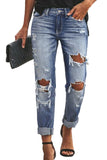 Mid Waist Straight Leg Distressed Wash Jeans