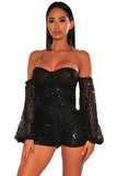 Sequins Off-The-Shoulder Long-Sleeve Padded Mini Romper