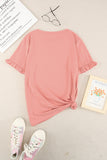 Pink Solid Ruffled Short Sleeve T-shirt