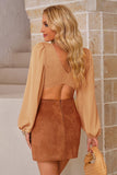 Shirred Open Back Deep V Neck Long Sleeve Crop Top