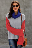 Khaki Long Sleeve Turtleneck Color Block Pullover Knit Sweater