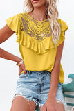 Yellow Lace Splicing Ruffled Short Sleeve T-shirt