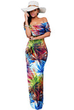 Turquoise Roses Print Off-the-shoulder Maxi Dress