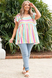 color Striped Ruffle Sleeve Plus Size Babydoll Top