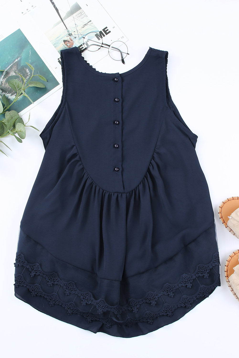 Navy Blue Lace Detail Buttons Back Sleeveless Top