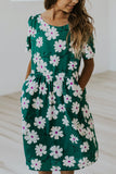 Crewneck Short Sleeve Pockets Floral Girl's Midi Dress
