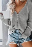 Zipper V-neck Dropped Sleeve Hooded Solid Sweater