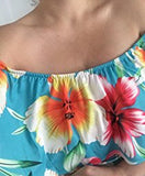 Turquoise Roses Print Off-the-shoulder Maxi Dress