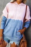 Light Green Dip-Dye Colorblock Drawstring Hoodie with Pockets
