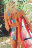 Multicolor Striped Color Block Bow Back Cut-out One-piece Swimsuit